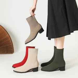 Elegantes botines de calcetín de punto con punta fina, tacón bloque y ajuste elástico