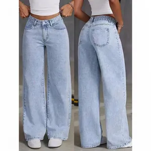 High waisted wide leg light wash denim jeans with relaxed fit shown from front and back view