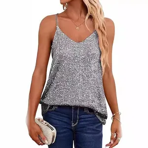 Elegant silver sequin V-neck camisole for women, sleeveless loose fit sparkly tank top