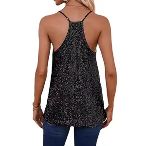 Loose fit black sequined camisole tank top with racerback design shown from behind