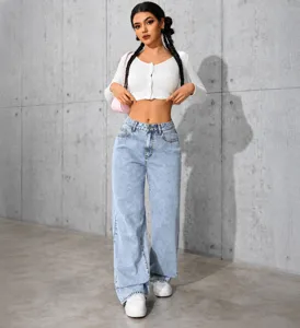 Women's high-waisted wide-leg jeans in light wash denim with a straight-leg fit.