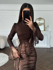 Elegant brown lace bodycon evening dress featuring long ruffle sleeves and high neck
