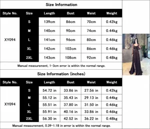 Size guide for elegant lace long sleeve evening gown with waist-cinching detail