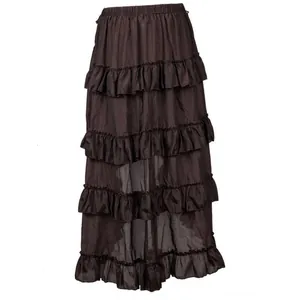 Detailed view of a dark brown tiered ruffle maxi skirt featuring a bohemian pirate style