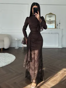 Elegant brown floral lace evening gown with long sleeves and sophisticated high neck