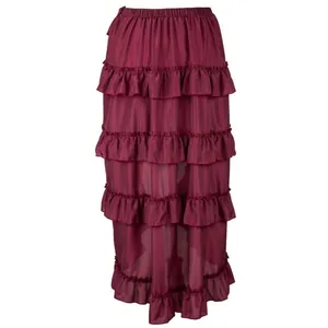 Burgundy tiered ruffled maxi skirt with elastic waist for pirate dance performance.