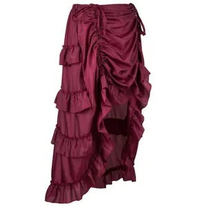 Detailed view of burgundy ruffed tiered pirate skirt for dance performance costumes
