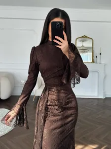 Detailed view of an elegant brown lace bodycon evening dress featuring flared bell sleeves