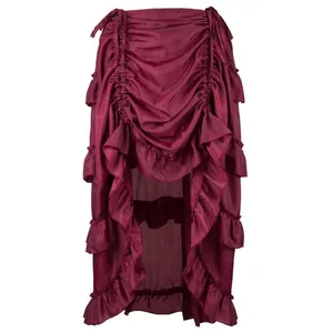 Burgundy high-low ruffled performance skirt with tiered layers for dance or costumes.