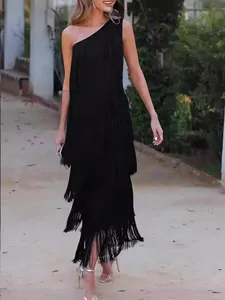 Elegant black one-shoulder fringe asymmetric dress for evening parties and special occasions