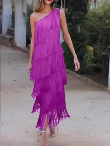 Elegant purple one-shoulder tiered fringe asymmetric midi dress for party events