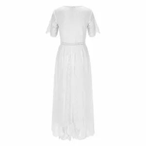 Rear view of an elegant white lace maxi dress with intricate floral embroidery details.