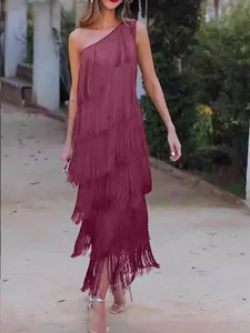 Elegant one-shoulder asymmetrical burgundy layered fringe cocktail evening dress for women