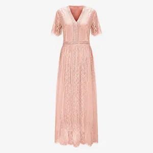 Full-length view of an elegant dusty rose lace maxi dress with deep V-neckline and short sleeves