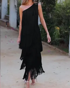 Elegant black one-shoulder fringe midi dress for parties and summer evening events