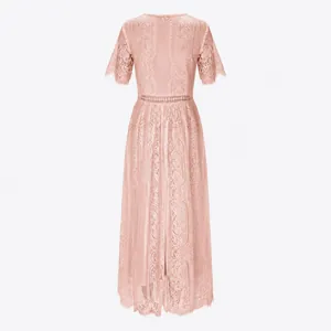Detailed back view of a dusty rose floral lace maxi dress with short sleeves
