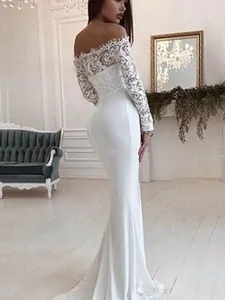 Elegant white off-the-shoulder lace long sleeve floor-length wedding gown evening dress