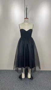 Detailed front view of a stylish black sweetheart neckline mesh tulle suspender dress