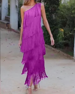 Vibrant purple fringe one-shoulder asymmetric tiered mini dress for party and evening