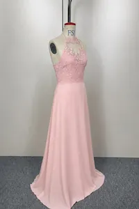 Elegant pink halter evening dress featuring a delicate lace bodice and chiffon skirt.