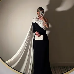 Elegante Eén Schouder 3D Bloem Avondjurk Voor Vrouwen Zwart Wit Contrast Bodycon Maxi Jurk Met Sjaal Cape Bruiloft Banket