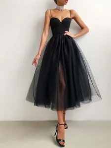 Women Spaghetti Strap Mesh Tulle Dress Elegant Sweetheart Neckline Slit Midi Dress Sexy Prom Party Banquet Formal Dress