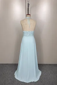 Detailed back view of light blue lace and chiffon halter maxi dress for evening prom party