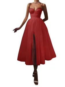 Elegant red mesh sling dress with sweetheart neckline and sexy high split skirt design.