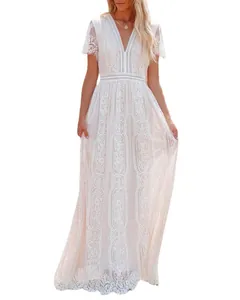 Elegant white lace tulle maxi dress with deep V-neck and short sleeves for wedding party