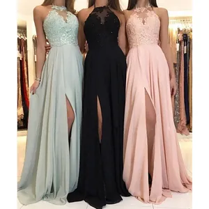 Elegant halter neck lace chiffon evening dresses with thigh-high slit and floor length skirt