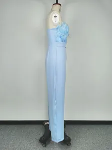 Detailed side view of a light blue strapless jumpsuit featuring elegant feather trim