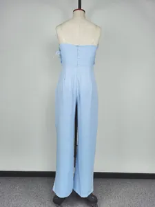 Rear view of light blue strapless jumpsuit with delicate feather details on a mannequin.