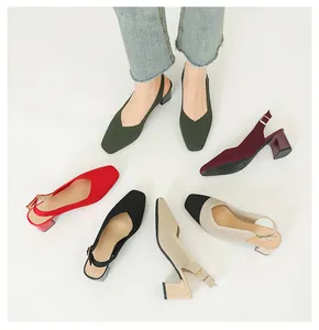 Detailed view of women's square-toe knit block heel slingback sandals in multiple colors