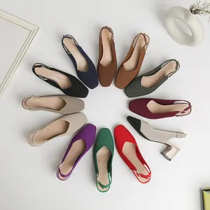 Women Square Toe Slingback Block Heels Breathable Fabric Pumps Solid Color Hollow Sandals Elegant Summer Fashion Shoes