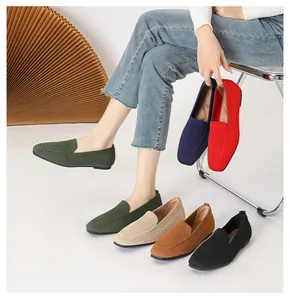 Women's comfortable knit square toe flat loafers shown in multiple vibrant colors