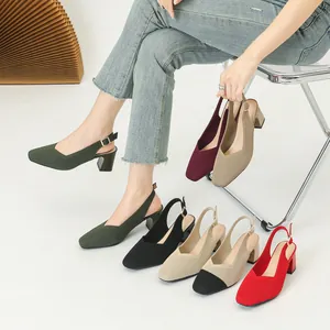 Stylish breathable knit slingback pumps with chunky heels in multiple colors for women