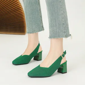 Elegant green knit square-toe slingback pumps featuring a comfortable mid-height block heel