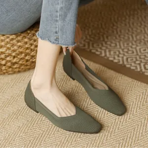 Elegant olive green fly-knit square toe flats for women featuring a breathable woven texture