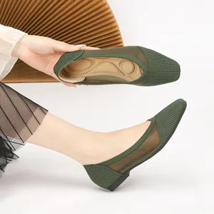 Stylish dark green knitted mesh ballet flats with pointed toe for women's office wear