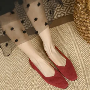 Elegant red knitted breathable flat shoes with stylish square toe design for women