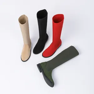 Eleganti stivali alti da donna in maglia e camoscio in quattro colori con comoda suola piatta