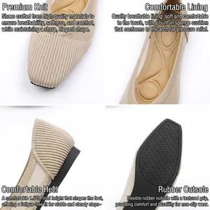 Beige knitted ballet flats for women featuring a breathable mesh design and durable rubber sole