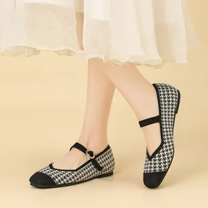 Chaussures plates Mary Jane élégantes en tricot à motif pied-de-poule pour femmes
