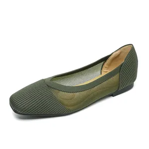 Elegant olive green knitted mesh ballet flats with breathable side panels.