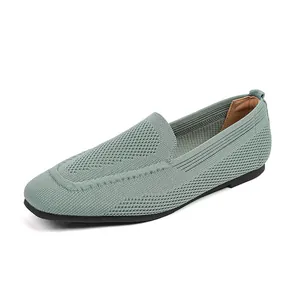Comfortable women's square toe knitted loafers in breathable mint green flat shoes