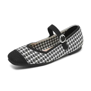 Chaussures plates vintage à motif pied-de-poule avec bride à boucle pour femme