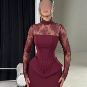 Robe de Soirée Sirène Élégante pour Femme Patchwork en Dentelle Manches Longues Coupe Slim Bodycon Rouge Vin Taille Haute avec Traîne Banquet Formel