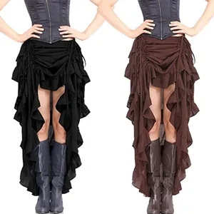 Women Victorian Steampunk High Low Ruffle Midi Skirt Gothic Pirate Asymmetric Smocked Waist Performance Costume Skirt