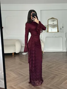 Sophisticated burgundy lace long-sleeved evening gown with elegant ruched waist detail