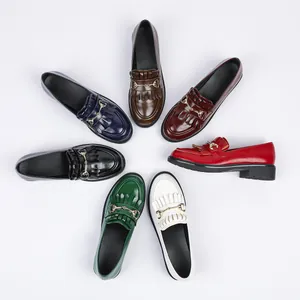 Dames Retro Lakleer Loafers Britse Stijl Kwastje Bit Metalen Gesp Lage Hak Instappers Platte Enkele Schoenen Casual Comfortabel Schoeisel